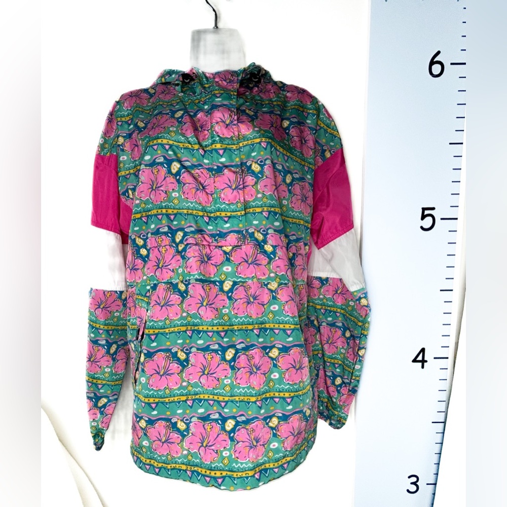Simply Southern Pink Green Floral Windbreaker Half-Zip Jacket with Hood Large